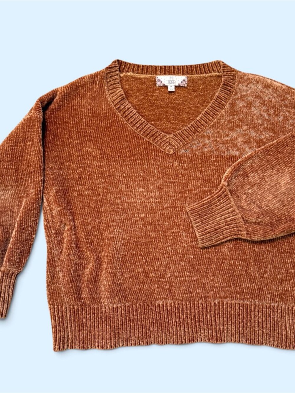 Pink Rose Women's Fleecy V-neck Pullover Sweater Long Sleeves Rust Tweed Size M